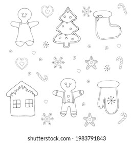 Christmas set with lollipop and gingerbread. Vector illustration in doodle style.