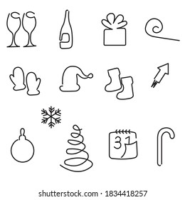 Christmas set with many elements for decorating the New Year's design in the style of minimalism, doodle. Can be used for decoration, postcards. Isolated vector illustration on white background