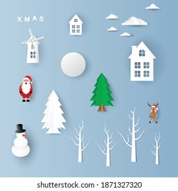 Christmas set Merry Christmas and Happy New Year. Illustration of Santa Claus on the sky coming to City,paper art vector illustration