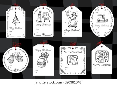 Christmas set with minimalistic gift tags. Winter celebration labels with snowman, gingrebread man, decoration ball, Santa with gifts, Christmas tree, mitten. Black and white doodle vector background