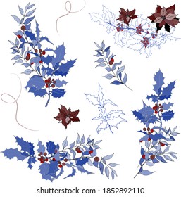 Christmas set of mistletoe, poinsettia and holly branches, in purple color. Set for decoration, vector illustration.