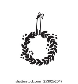 Christmas set with mistletoe wreath in sketch style. Hand drawn illustration. Vector illustration.