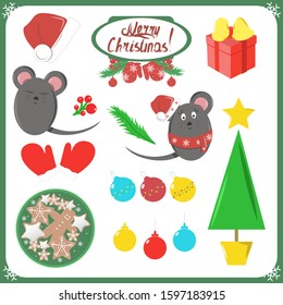 
Christmas set with a mouse and Christmas toys, gifts, green Christmas tree, mittens, christmas balls, cookies and New Year hat
