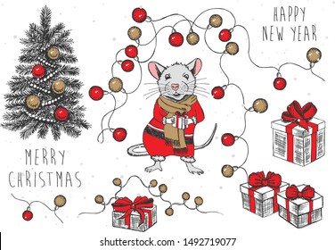Christmas set. Mouse vector hand drawn illustration. New Year card.