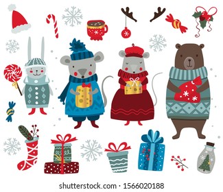 Christmas  set with mouses, bear, rabbit and decoration. Vector illustration