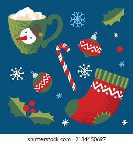 Christmas set. Mug with marshmallows, sock, candy, holly, decorations and snowflakes. Vector illustration.