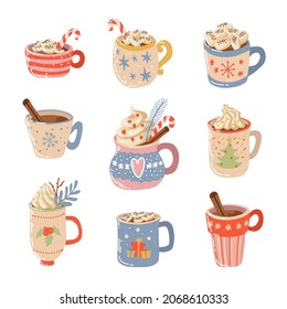 Christmas set of mugs with hot cocoa or coffee with marshmallow, cream, candy cane, cinnamon. Perfect for greeting cards, menu, party invitations, posters or stickers. Vector in flat cartoon style