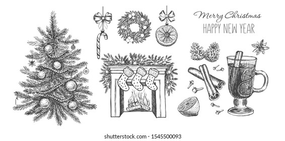 Christmas set, Mulled wine, Fireplace, tree. Hand drawn illustration