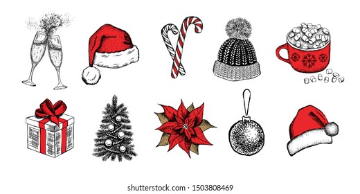 Christmas set. New Year card. Hand drawn illustration