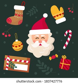 Christmas set. New Year set. Santa Claus, Christmas toys, gifts, postcard, mitten, candy. Vector.