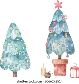 christmas set with christmas new year trees, childish watercolor illustration