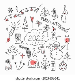 Navidad. Conjunto de iconos de Año Nuevo. Estilo Doodle. Ilustración del vector de invierno. La decoración es festiva. Fondo blanco aislado.