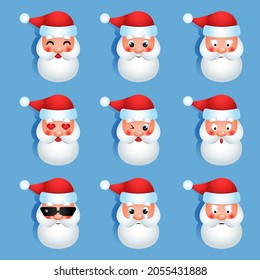 Christmas Set - nine emotion faces of santa. Vector cartoon illustration. Santa Claus expression emoticons face icons cute style. Cute and funny different emotions Santa face stickers avatar portrait 