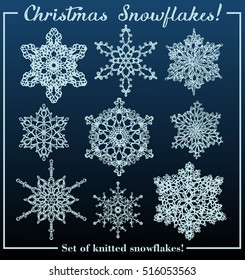 Christmas set of nine isolated knitted snowflakes.