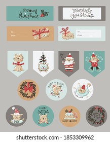 Fiesta de Navidad con notas de Navidad, pegatinas, etiquetas, sellos, etiquetas con ilustraciones de navidad de invierno. Plantillas de tarjetas imprimibles.
