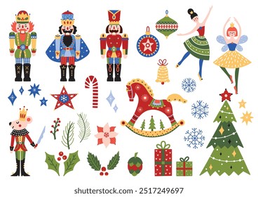 Christmas set with Nutcracker, baljerina and festive symbols and design elements. Perfect for posters, postcard, invite, wall art, banner, card, cover. Transparent background.