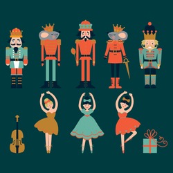 Christmas Set Of Nutcracker Ballet With Solders, Mouse, Ballerinas And Violin  . Vector Illustration.