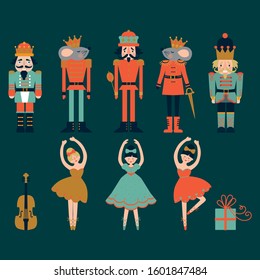 Christmas set of Nutcracker ballet with solders, mouse, ballerinas and violin  . Vector illustration.