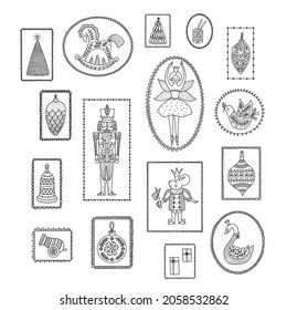 Christmas set with a Nutcracker in the frame. Cute linear illustration.