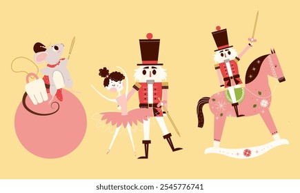 Conjunto de Navidades del cascanueces, el rey ratón y la bailarina. Ilustraciones festivas en un estilo plano con personajes de cuento de hadas.