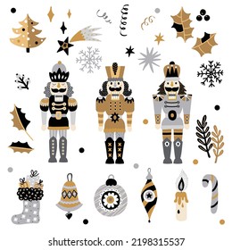 Christmas set with a Nutcracker. New Year's illustration. Gold and silver colors. 