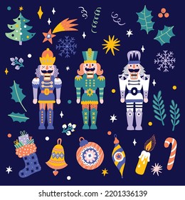 Christmas set with a Nutcracker. New Year's illustration. Colorful colors.