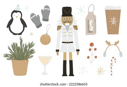 Christmas set nutcracker, penguin, coffee to go, snowflake, fir branches, mittens, Christmas tree decoration vector illustration prints, stickers