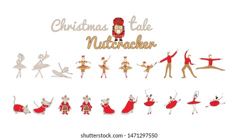  Christmas set with nutcracker, princess, Mouse King, sugar plum fairy, winter fairy. Holiday collection with cute cartoon characters. Vector illustration isolated on white background.
