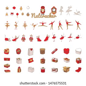  Christmas set with nutcracker, princess, Mouse King, sugar plum fairy, winter fairy, Vintage clock,gift boxes, toys. Holiday collection with cute cartoon characters. 