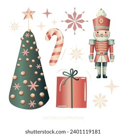 Narrador de Navidad, soldado, árbol de Navidad, regalos, copo de nieve, juguete de Navidad, juguete retro, estrella, ilustración vectorial.