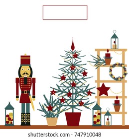 Christmas set with Nutcracker, Christmas tree, stars and lanterns.