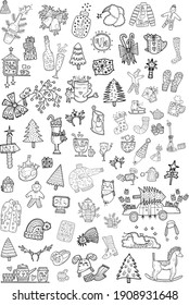 Christmas set. Objects, food, tree. Holidays,winter,new year.Design elements,for children.Cute cartoon style.On white background.Scandinavian style.Contour,black.Isolated.Clipart, stickers.Advertising