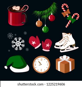 Christmas set of objects: mittens, hot mug, sugar cane, skates, snowflakes, santa hat, watches, wrapped gift, christmas tree balls. Vector isolation elements