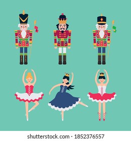 Christmas set ofnutcrackers and ballerines. Vector illustration. 