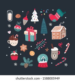 Christmas set on black background, hand drawn style. Vector illustration.