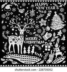 Christmas set on a black background. Hand-drawing graphics. Set of Christmas icons. Elements for design of cards, invitations and other print projects.