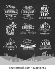 Christmas set on blackboard - labels, emblems and other decorative elements