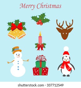 Christmas Set on the blue background. Vector illustration.