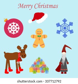 Christmas Set on the blue background. Vector illustration.