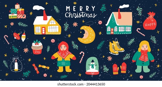 Christmas set on a dark background. Calligraphy, children, house, moon, candle, mistletoe, giftbox, snow globe. New Year holiday decoration elements. Hand drawn vector illustration
