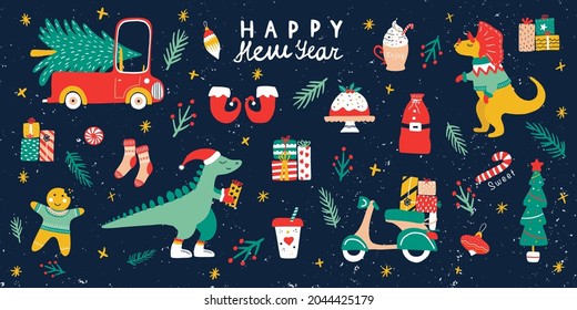 Christmas set on a dark background. Calligraphy, car, christmas tree, dinosaur, scooter, mistletoe, gift box, snow globe. Childish New Year holiday decoration elements. Hand drawn vector illustration.