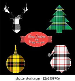 Christmas set on tartan background. Pattern in scottish cage. Deer head, Christmas tree, Santa head, Christmas ball. Vector illustration