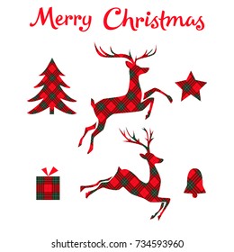 Christmas set on tartan background. Deer, bell, star, tree and box. Vector illustration.