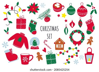 Christmas set on a white background. Red and green elements. 