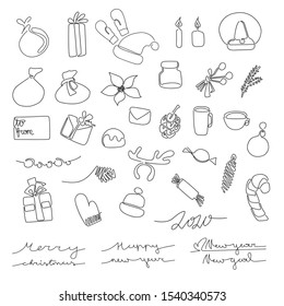 Christmas set of one line drawing objects and texts. Vector design xmas elements for wallpapers, patterns, invitations, prints, greeting cards, posters. Black line on white isolated background.