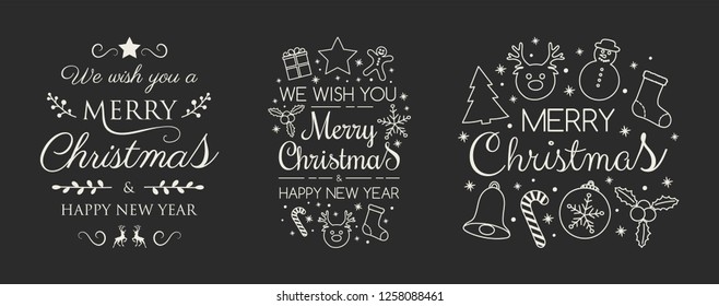 Christmas set with ornaments and wishes. Vector.