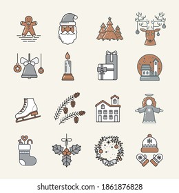 Christmas set of Outline Blue and Beige Icon. Gingerbread, Santa, Christmas tree, Reindeer, Bell, Candle, Gift, Snow Globe, Skate, Cones, House, Angel, Sock, Mistletoe, Wreath, Hat , Mittens. Simple