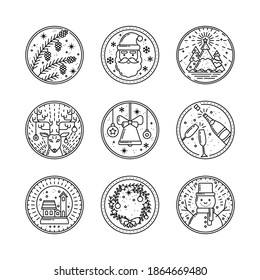 Conjunto navideño de elementos de esquema sobre fondo blanco con copos de nieve y radiación. Conos de pino, Santa Claus, árboles de Navidad, Campana, Champagne, Wreath, Snowman. Iconos para envasado, invitación