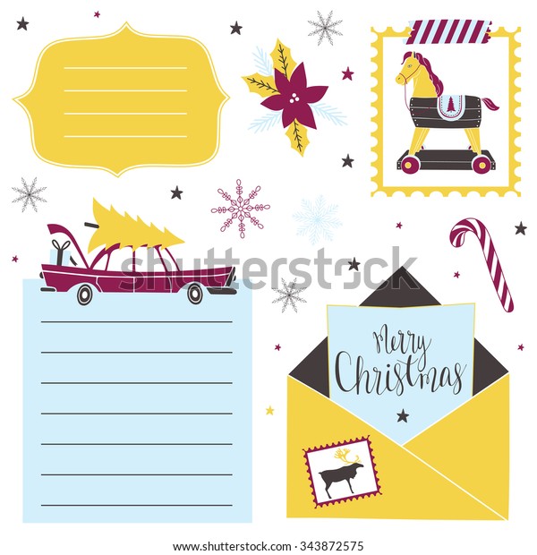Christmas set with paper notes, stickers,\
stamps, letter, pony, toys and tag. Template for Stickers, Greeting\
Scrapbooking, Congratulations,\
Invitations.