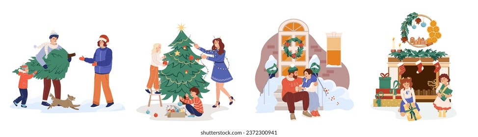 Christmas set of parents with kids celebrate at home decorate xmas tree. Happy families and couples at Christmas eve. Collection flat cartoon vector illustration on white background